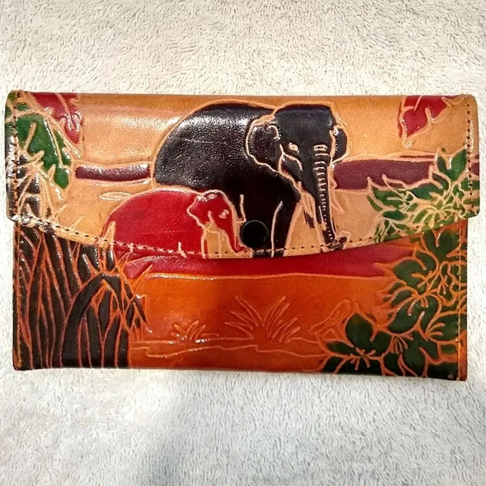Elephant Made in India Leather Wallet 🐘Brown Green Red Yellow